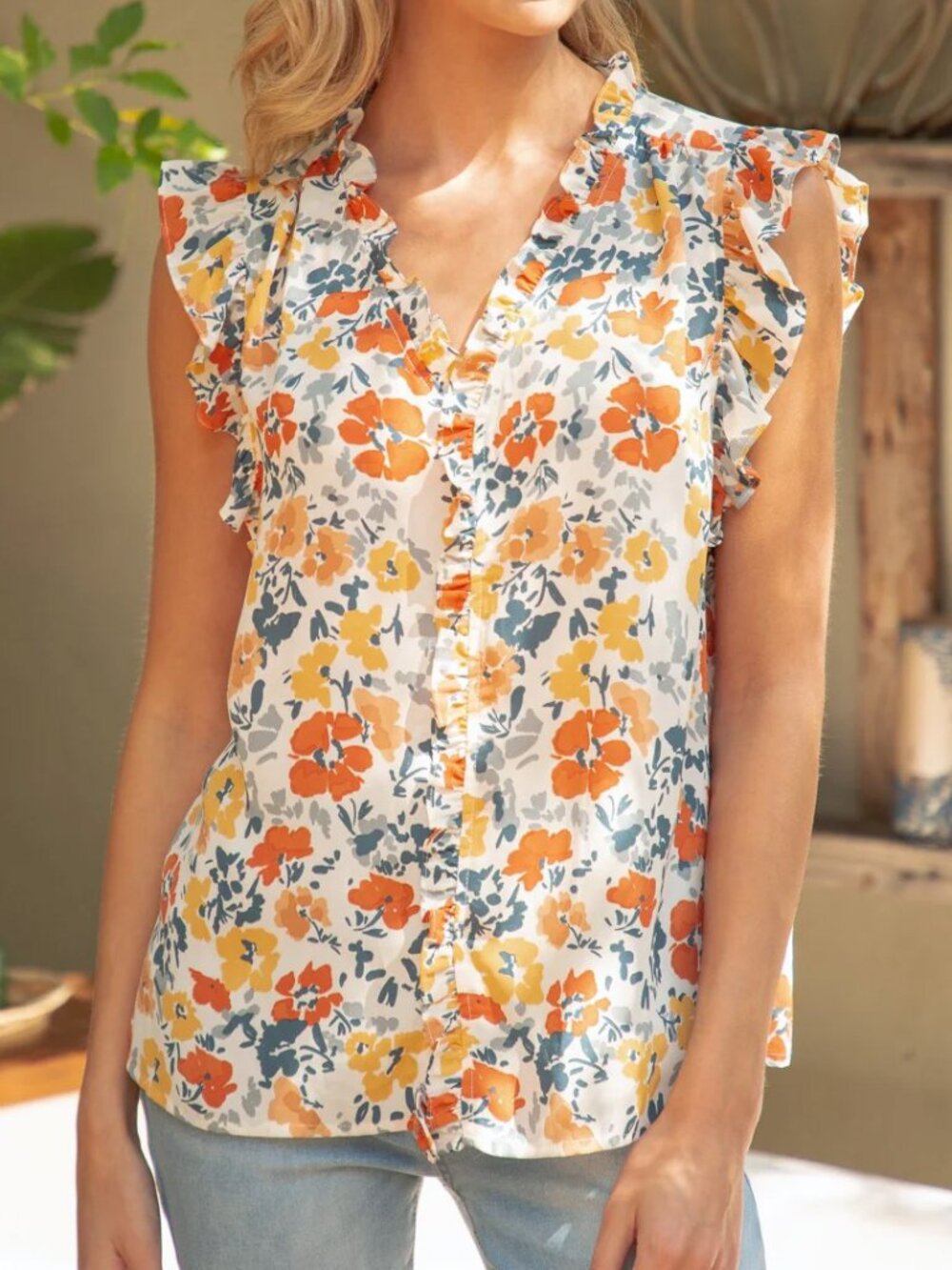 Women's Floral Ruffle Sleeve Blouse
